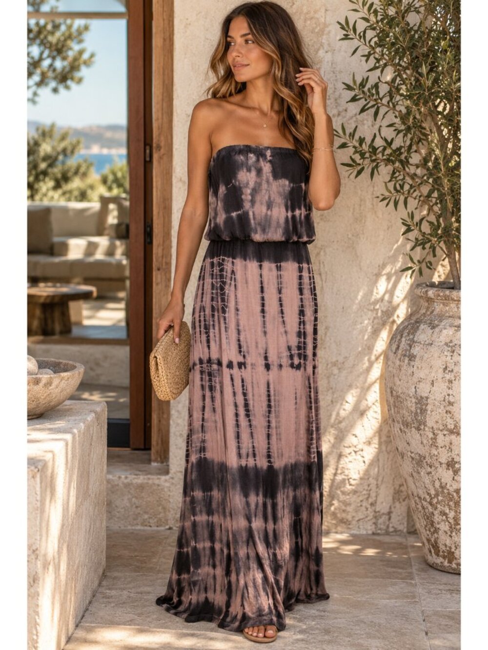 Los Angeles Boutique Strapless Blouson Maxi Dress Causal Stretch Tie Dye Rayon S